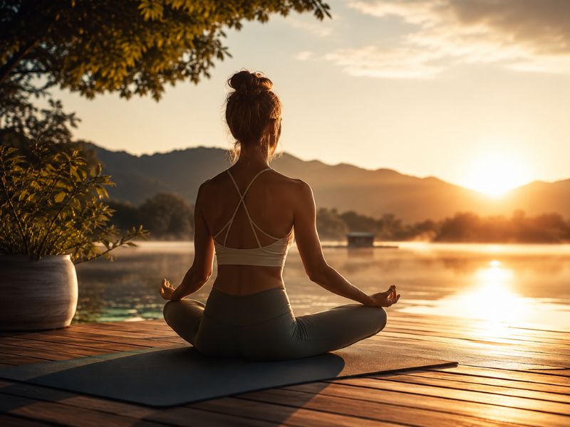 yoga-self eine frau am beckenrand, im schneidersitz bei sonnenaufgang.